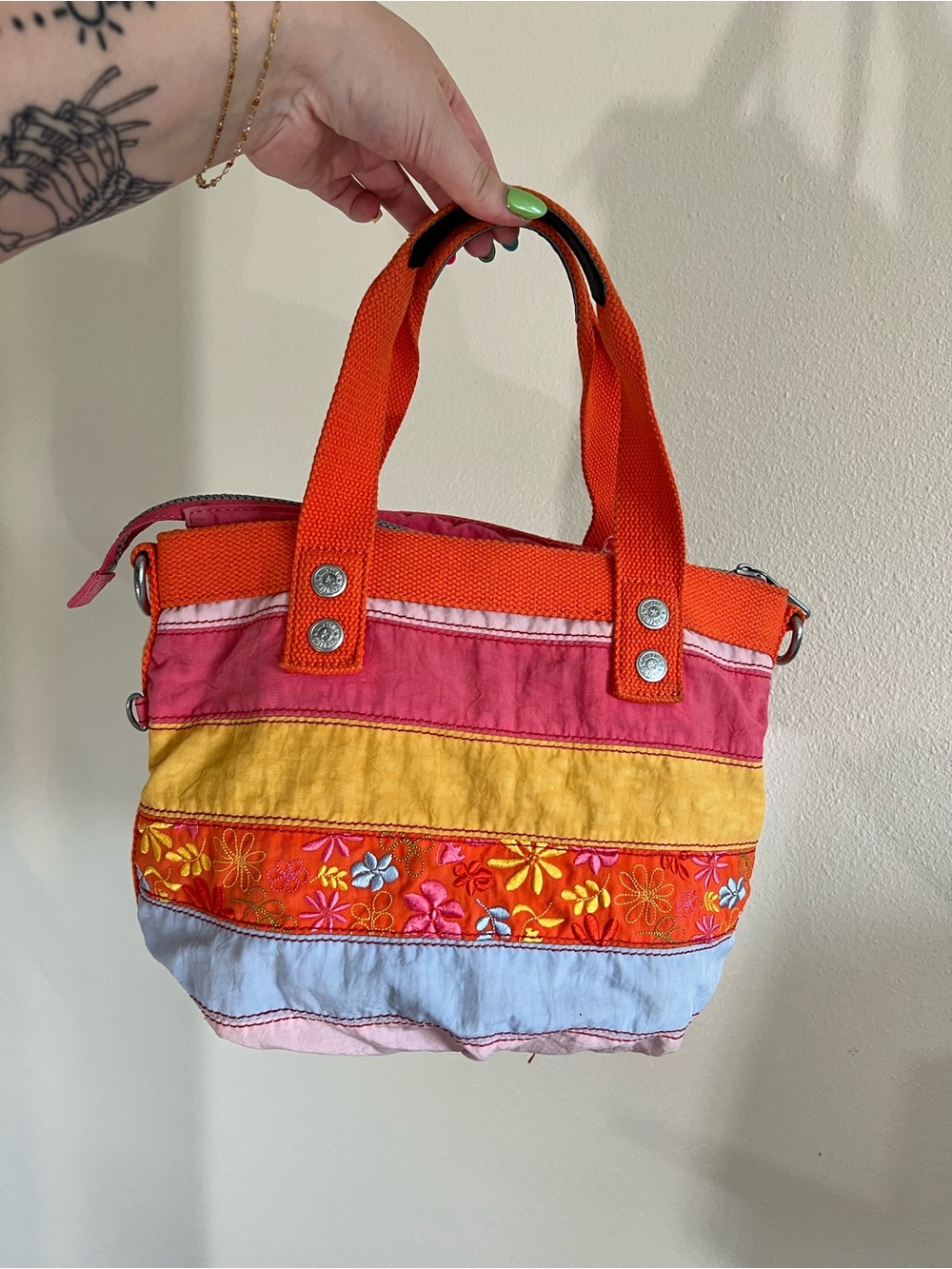 Kipling Multicolor Floral Stripe Canvas Tote - Orange, Pink & Yellow